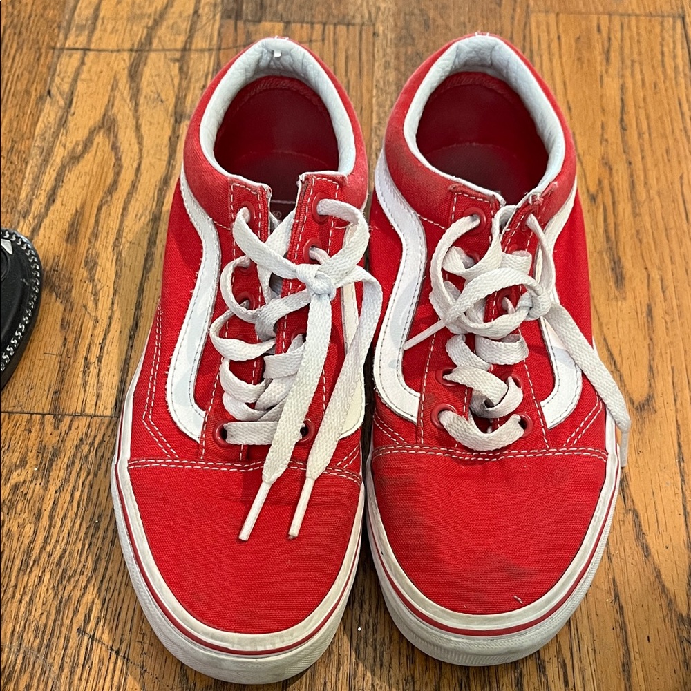 Vans Kids Red Canvas Skate Sneakers with White Side Stripe